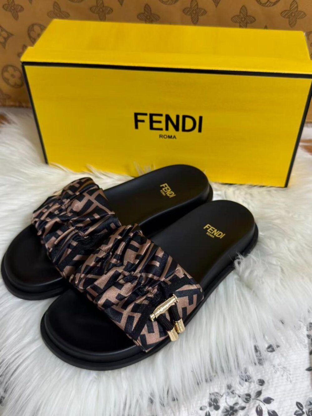 Fendi FF Logo Ruched Slide Sandals